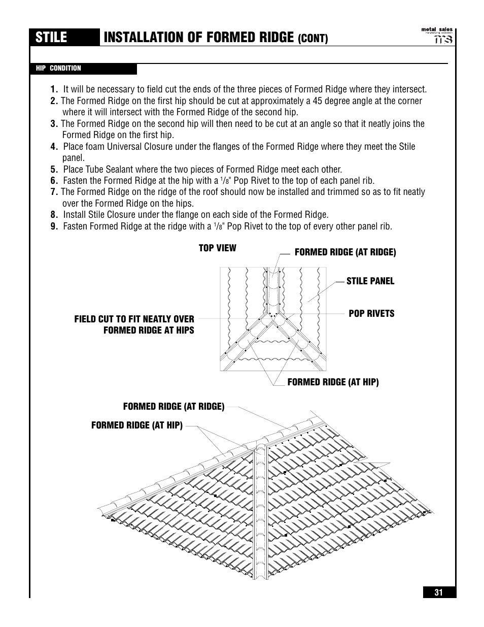 Stile, Installation of formed ridge | Metal Sales Stile Installation User Manual | Page 32 / 54