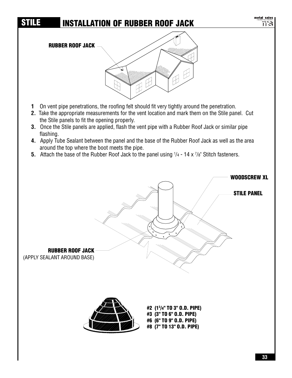 Stile, Installation of rubber roof jack | Metal Sales Stile Installation User Manual | Page 34 / 54