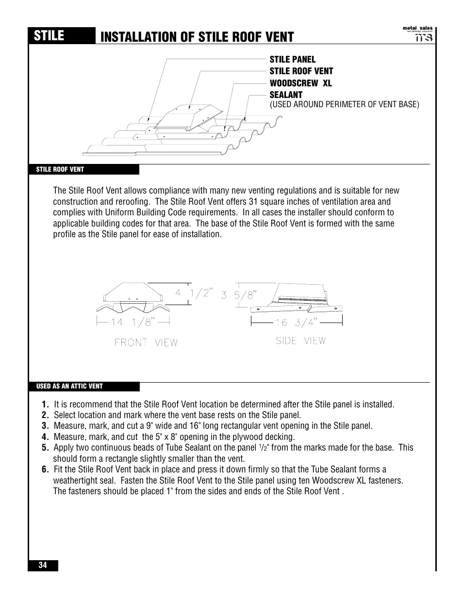 Stile, Installation of stile roof vent | Metal Sales Stile Installation User Manual | Page 35 / 54