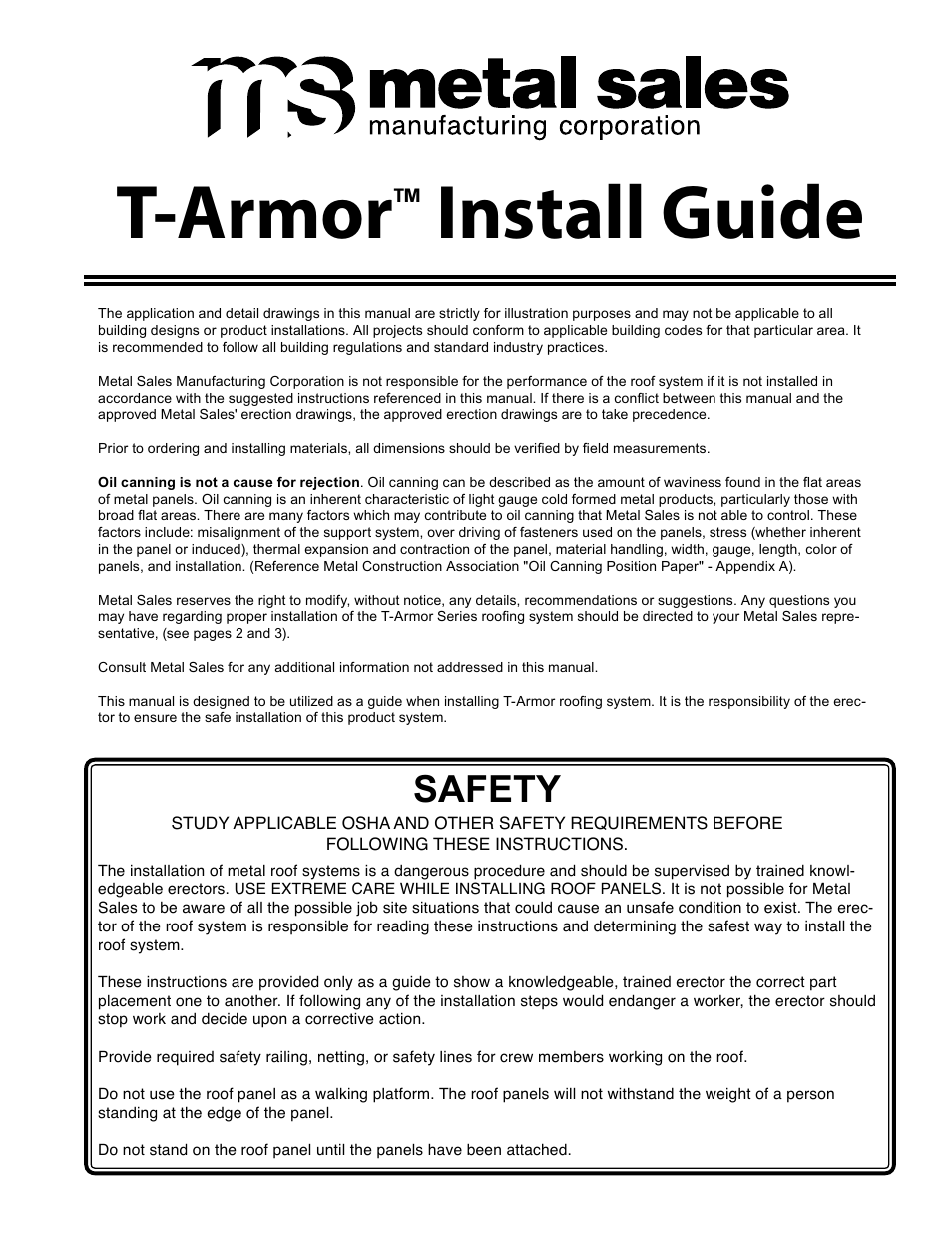 Metal Sales T-Armor Series User Manual | 80 pages