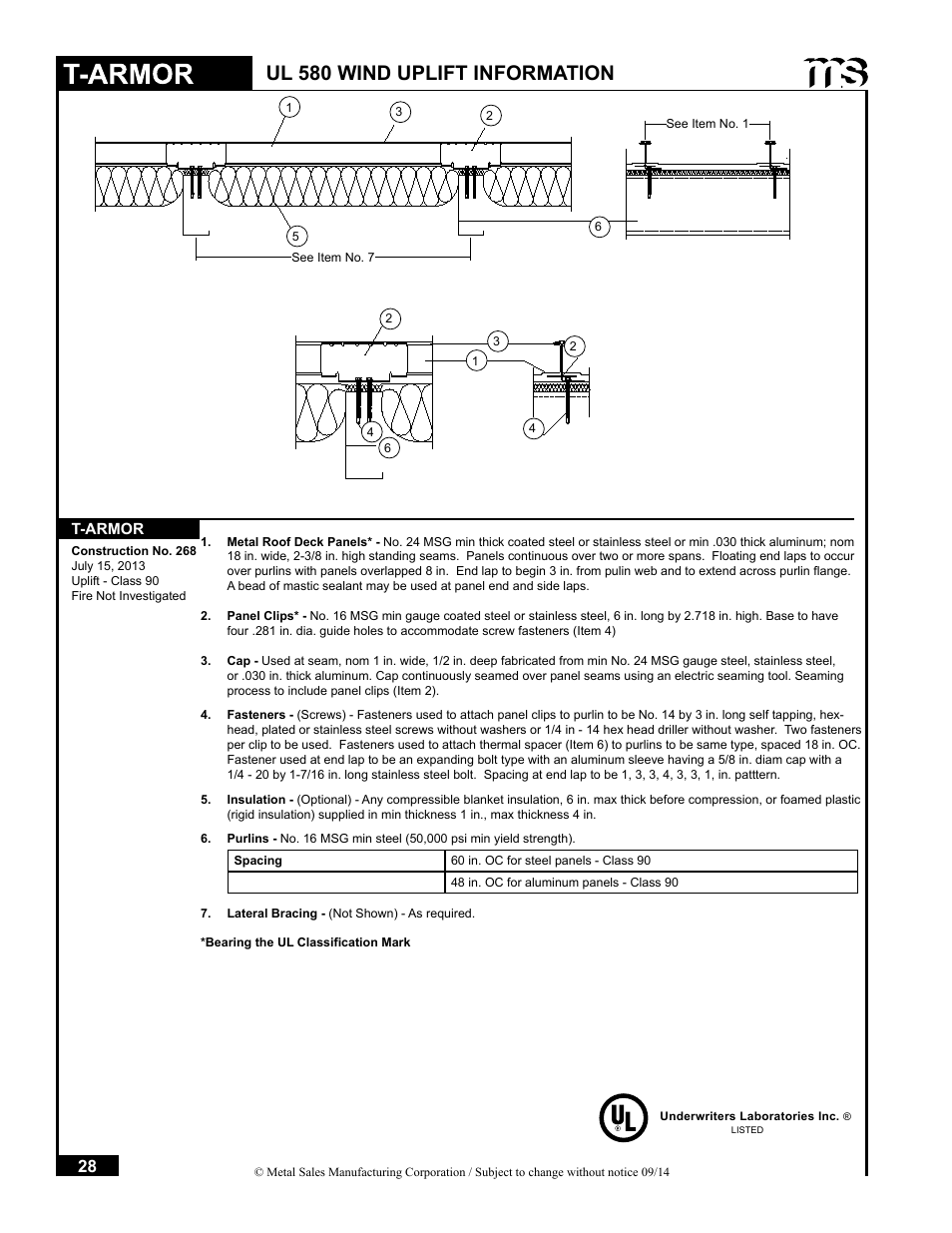 Ul 580 wind uplift information | Metal Sales T-Armor Series User Manual | Page 28 / 80