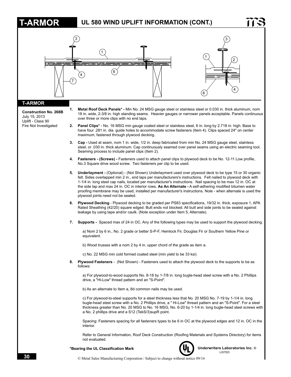 Ul 580 wind uplift information (cont.) | Metal Sales T-Armor Series User Manual | Page 30 / 80