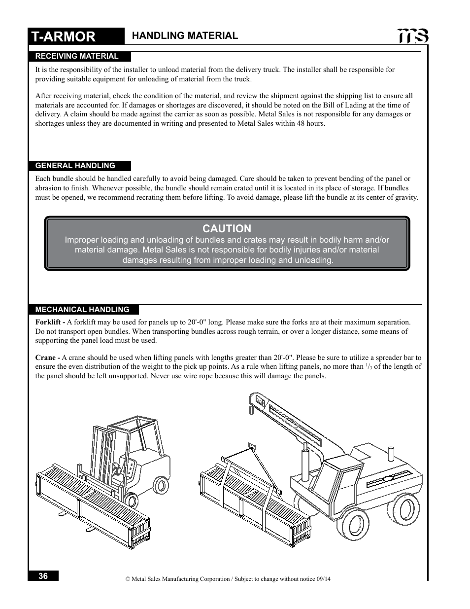 Caution, Handling material | Metal Sales T-Armor Series User Manual | Page 36 / 80