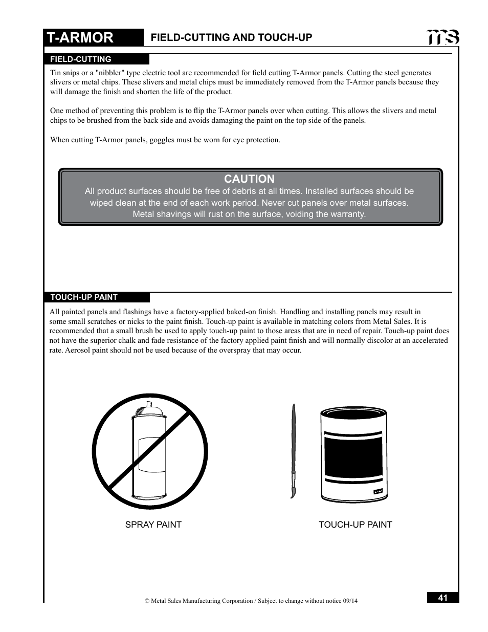 T-armor, Caution, Field-cutting and touch-up | Metal Sales T-Armor Series User Manual | Page 41 / 80