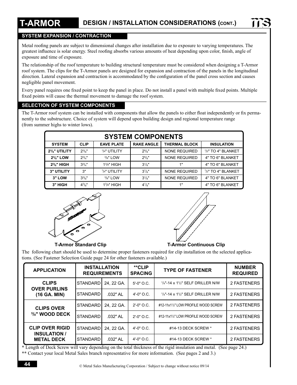 System components, Design / installation considerations | Metal Sales T-Armor Series User Manual | Page 44 / 80