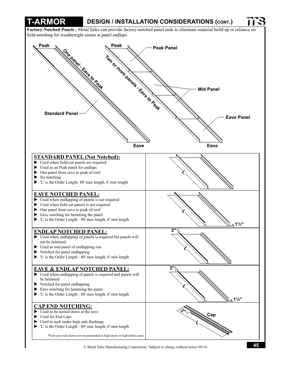 T-armor, Design / installation considerations, Standard panel (not notched) | Eave notched panel, Endlap notched panel, Eave & endlap notched panel, Cap end notching | Metal Sales T-Armor Series User Manual | Page 45 / 80