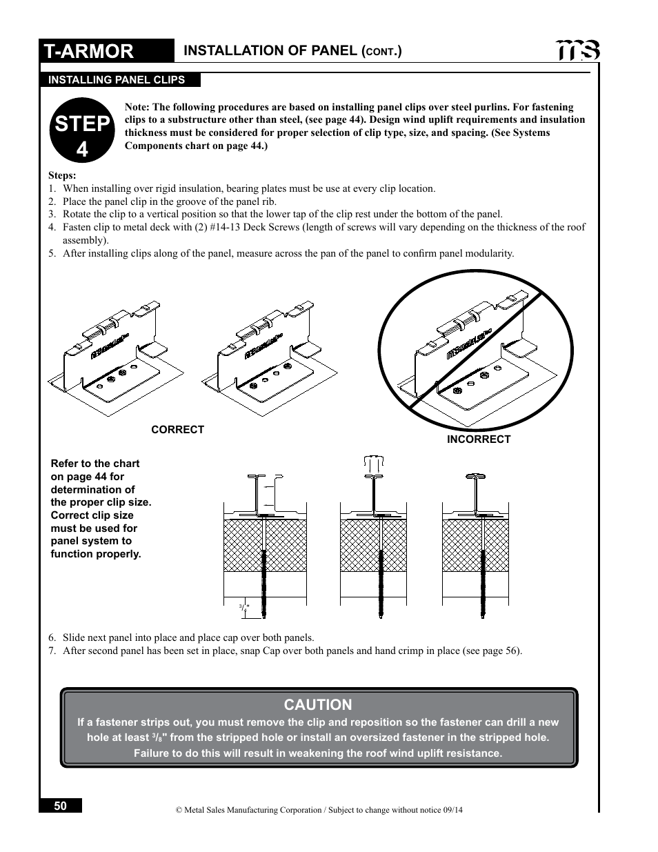 Step 4, Caution, Installation of panel | Metal Sales T-Armor Series User Manual | Page 50 / 80