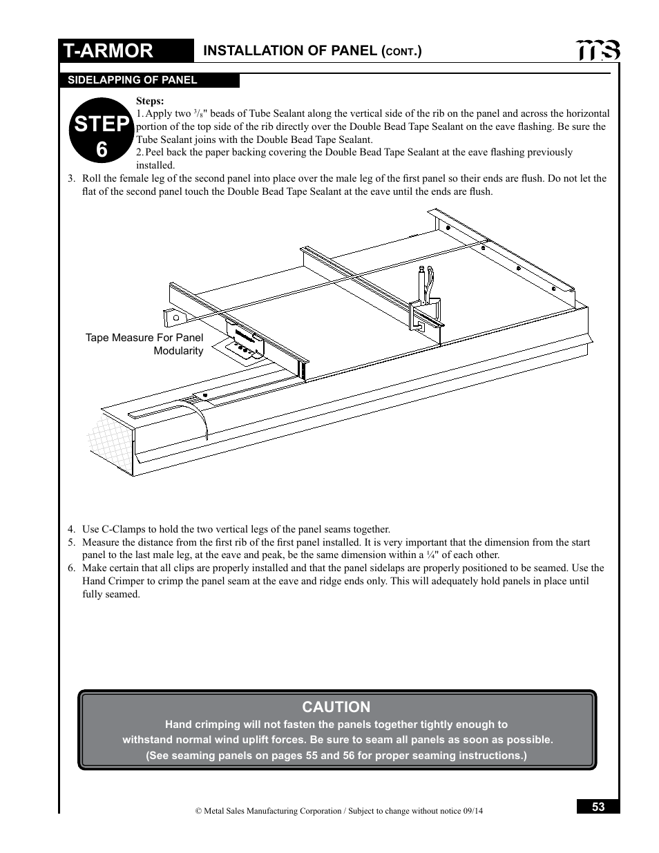 Step 6, T-armor, Caution | Installation of panel | Metal Sales T-Armor Series User Manual | Page 53 / 80