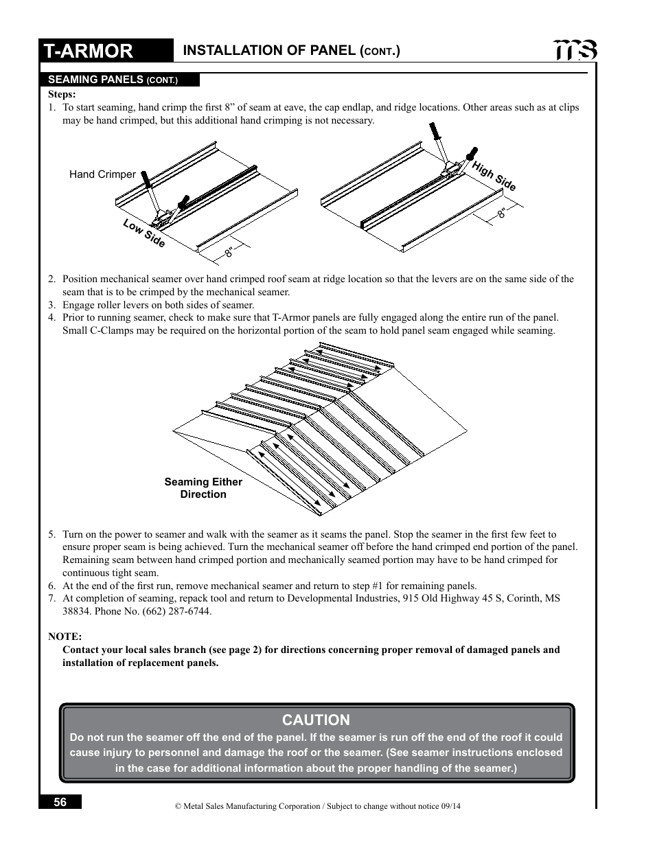 Caution, Installation of panel | Metal Sales T-Armor Series User Manual | Page 56 / 80