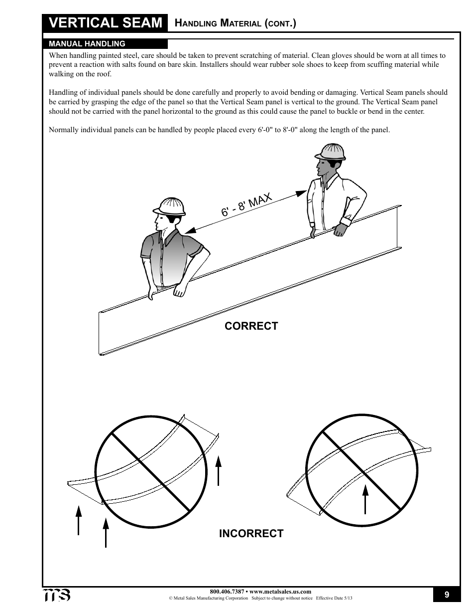 Vertical seam, Incorrect, Correct 6' - 8' max h | Metal Sales Vertical Seam Installation User Manual | Page 9 / 52