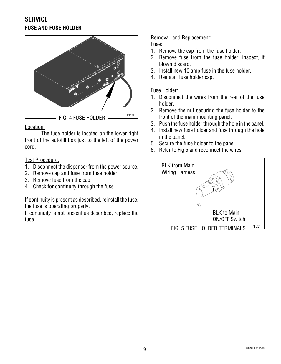 Service, Fig. 4 fuse holder fuse and fuse holder | Bunn AF PR-3 User Manual | Page 9 / 18