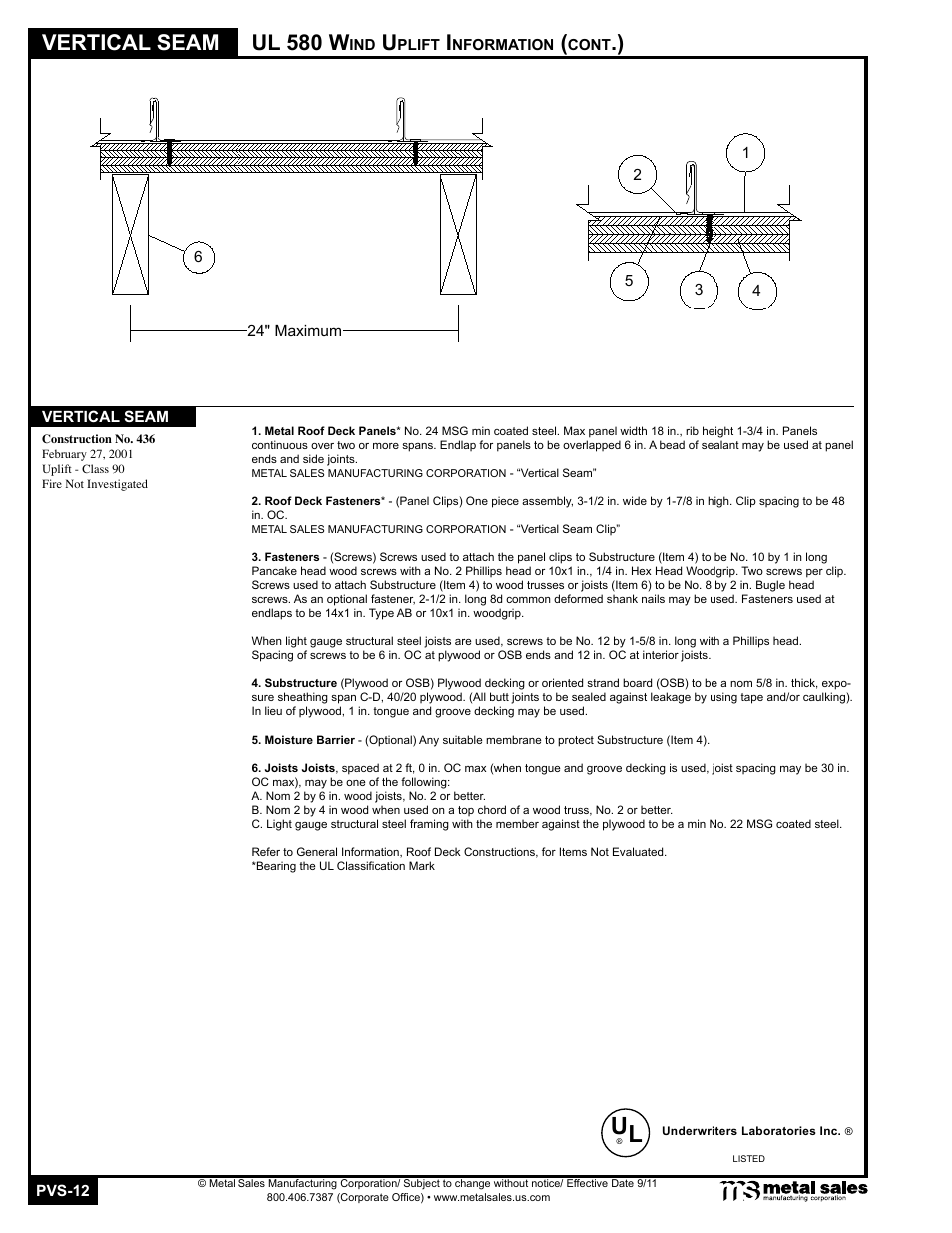 Vertical seam, Ul 580 w | Metal Sales Vertical Seam Manual User Manual | Page 12 / 26