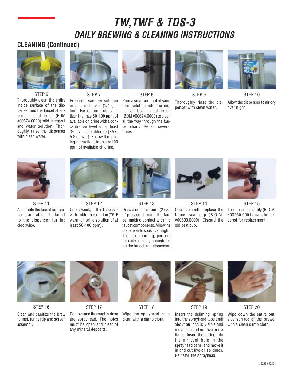 Tw,twf & tds-3, Bunn, Daily brewing & cleaning instructions | Cleaning (continued) | Bunn TDS3 User Manual | Page 2 / 2
