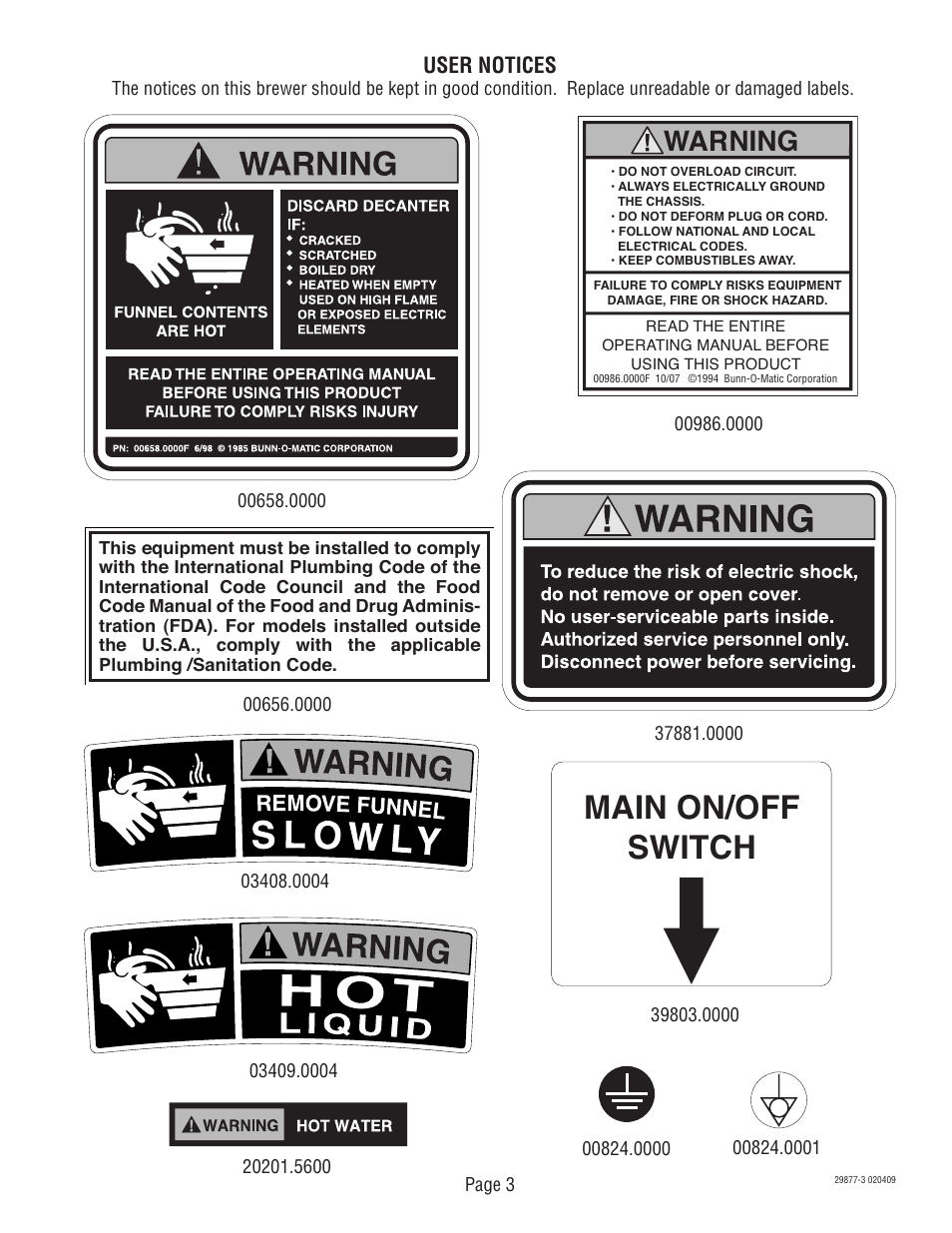 Main on/off switch, Warning, User notices | Bunn DUAL SH DBC DUAL068000 User Manual | Page 3 / 7