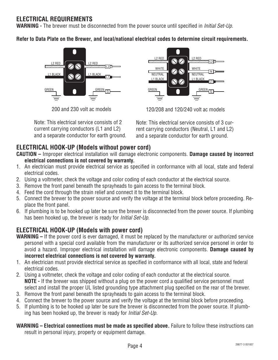 Electrical hook-up (models without power cord), Electrical hook-up (models with power cord), Electrical requirements | Bunn DUAL SH DBC DUAL068000 User Manual | Page 4 / 7