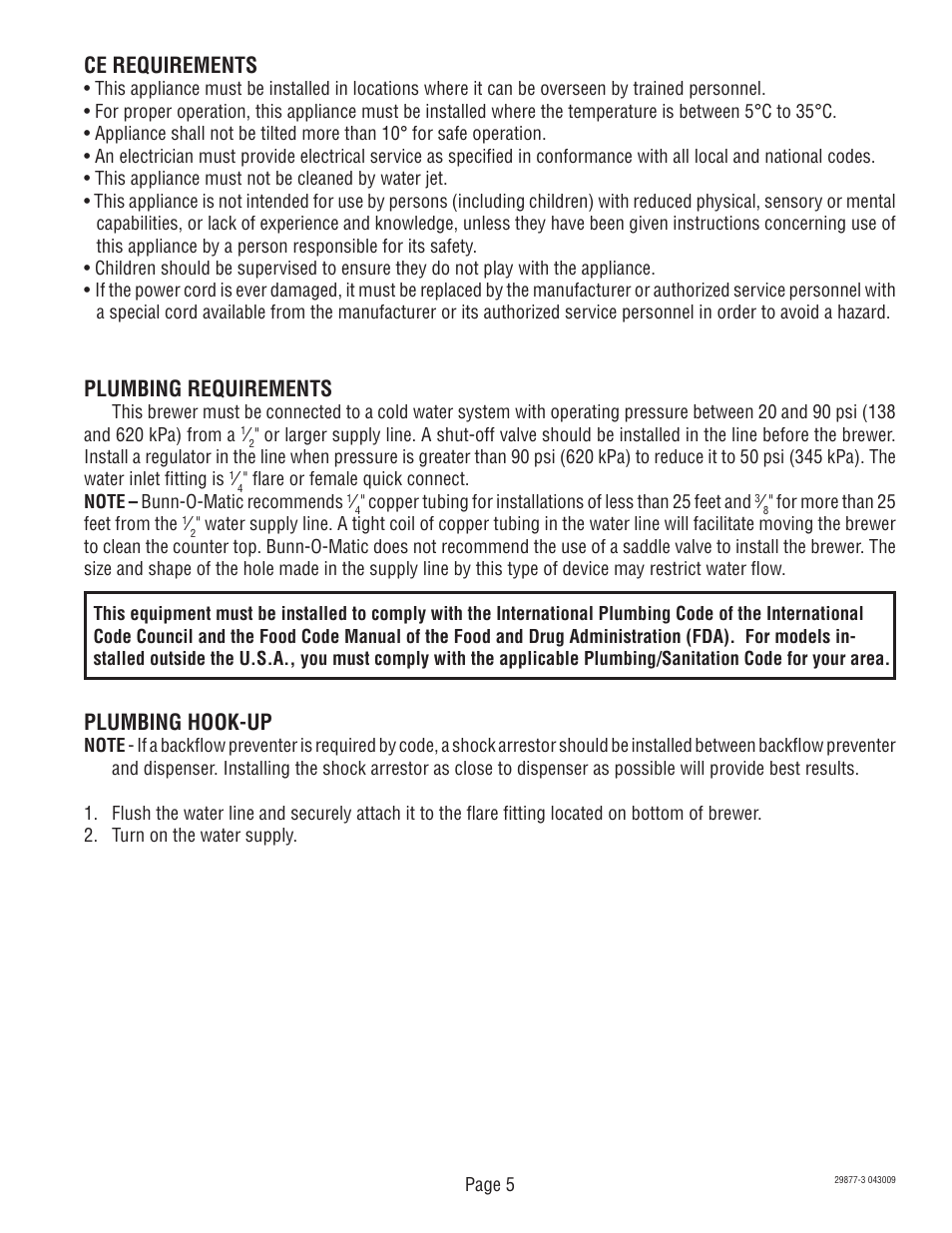 Ce requirements, Plumbing requirements, Plumbing hook-up | Bunn DUAL SH DBC DUAL068000 User Manual | Page 5 / 7