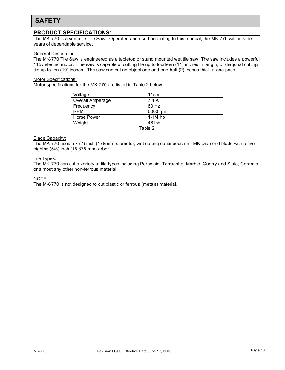 Safety, Product specifications | MK Diamond MK-770 User Manual | Page 10 / 41