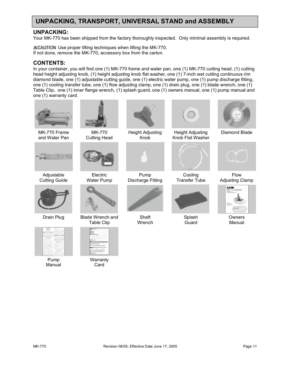 Unpacking, transport, universal stand and assembly | MK Diamond MK-770 User Manual | Page 11 / 41