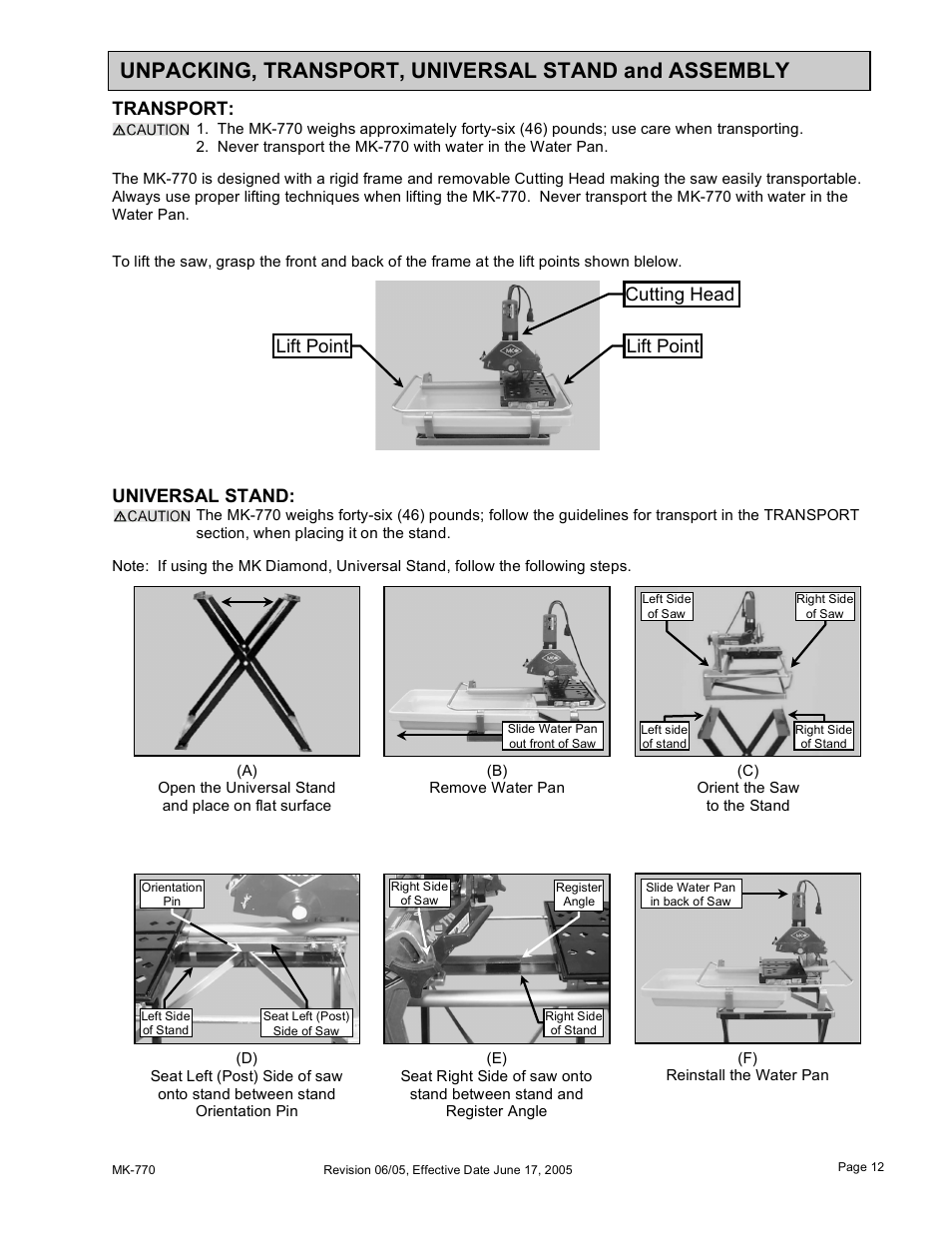 Unpacking, transport, universal stand and assembly, Transport, Universal stand | Lift point, Cutting head | MK Diamond MK-770 User Manual | Page 12 / 41