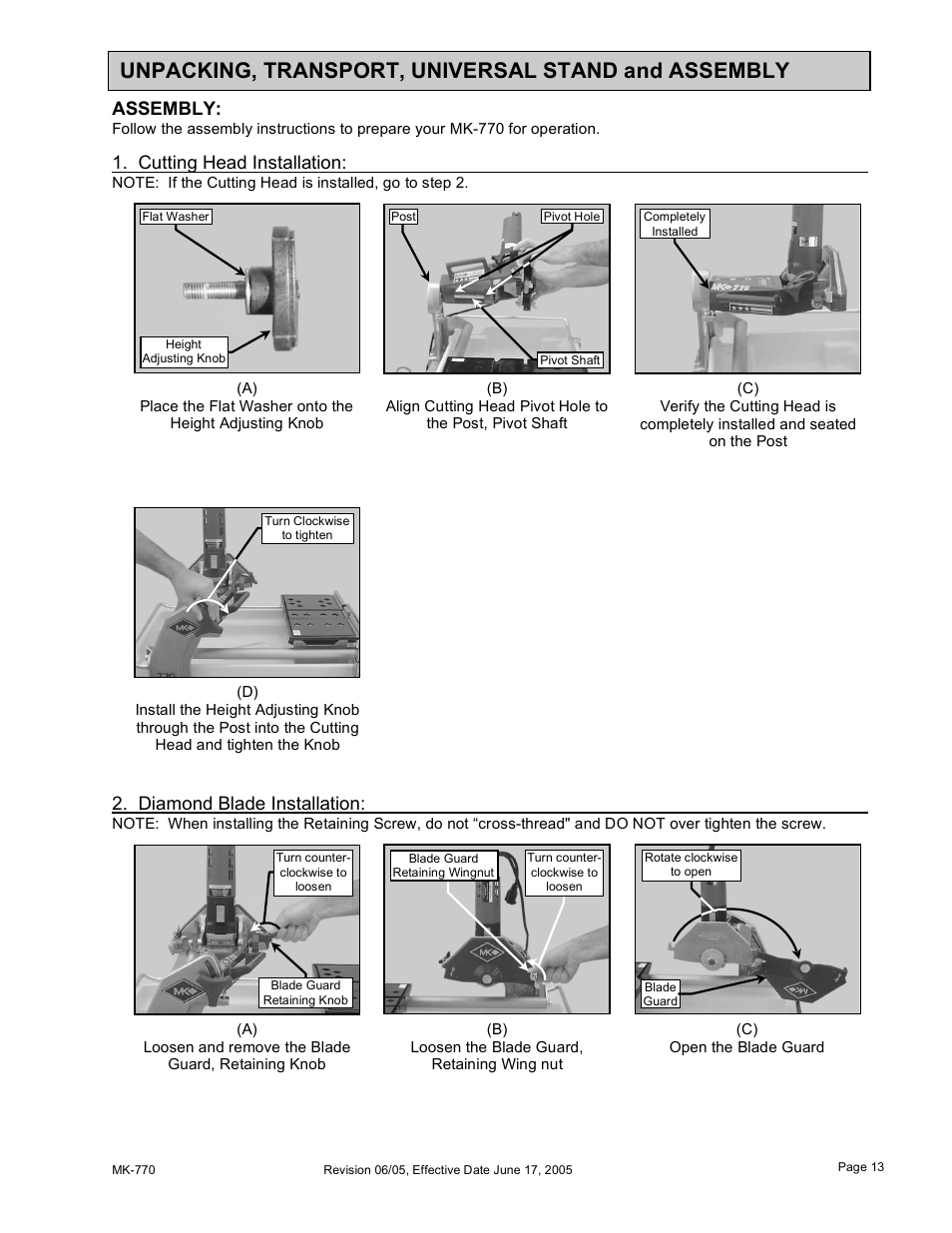 Unpacking, transport, universal stand and assembly, Assembly, Cutting head installation | Diamond blade installation | MK Diamond MK-770 User Manual | Page 13 / 41