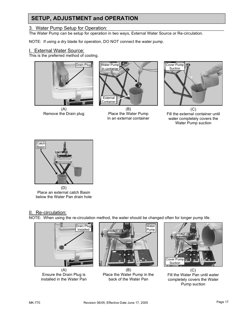 Setup, adjustment and operation, Water pump setup for operation, I. external water source | Ii. re-circulation | MK Diamond MK-770 User Manual | Page 17 / 41