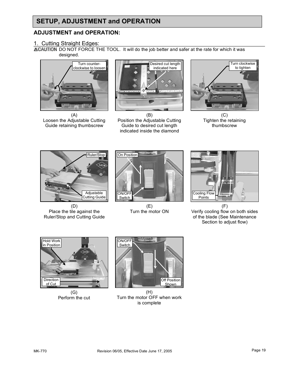 Setup, adjustment and operation, Adjustment and operation, Cutting straight edges | MK Diamond MK-770 User Manual | Page 19 / 41