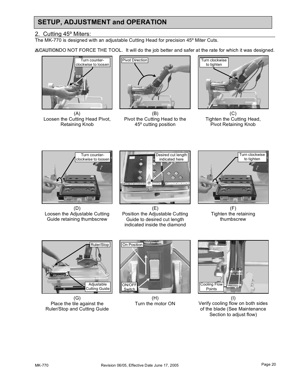 Setup, adjustment and operation, Cutting 45º miters | MK Diamond MK-770 User Manual | Page 20 / 41