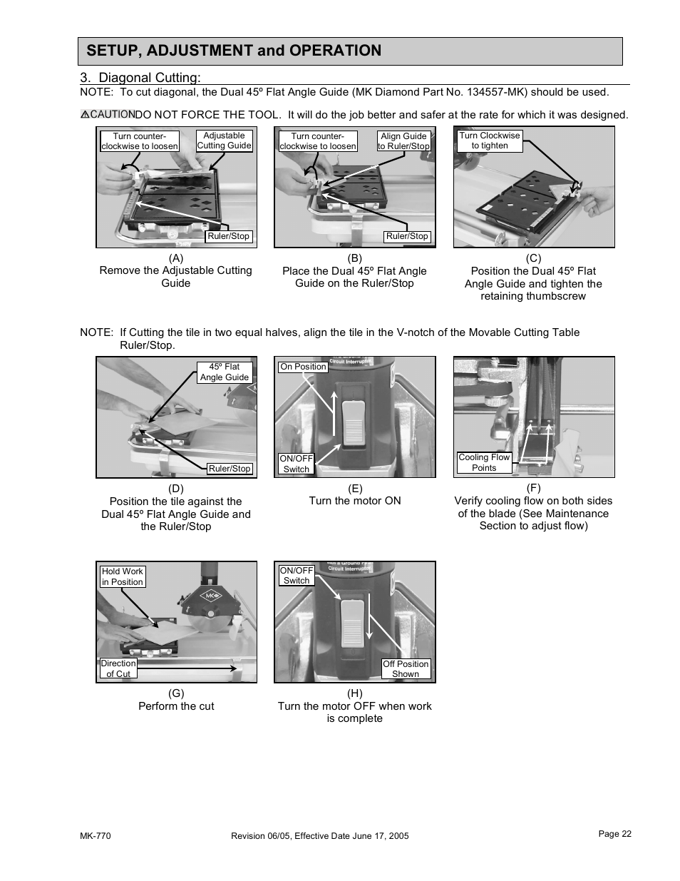 Setup, adjustment and operation, Diagonal cutting | MK Diamond MK-770 User Manual | Page 22 / 41