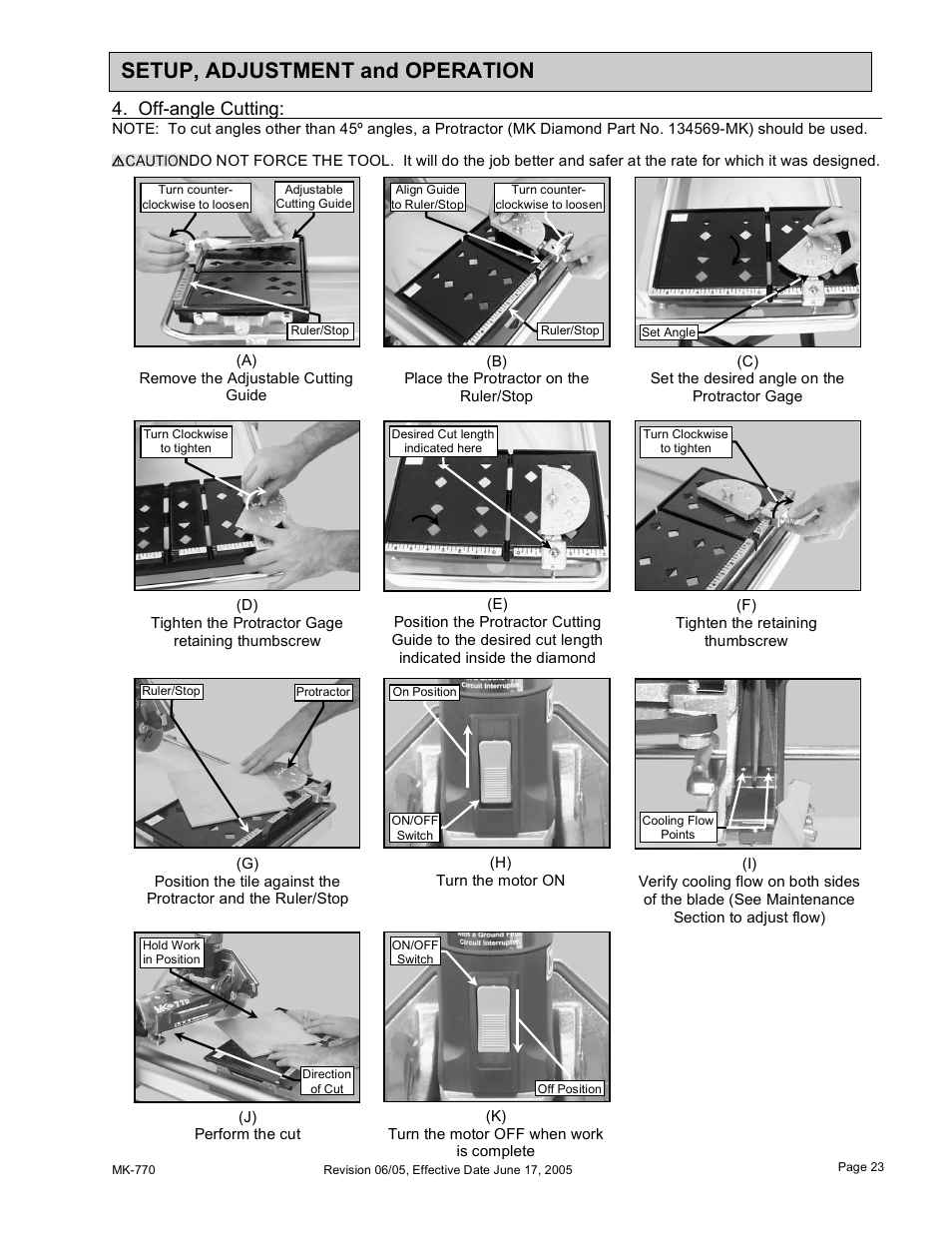 Setup, adjustment and operation, Off-angle cutting | MK Diamond MK-770 User Manual | Page 23 / 41