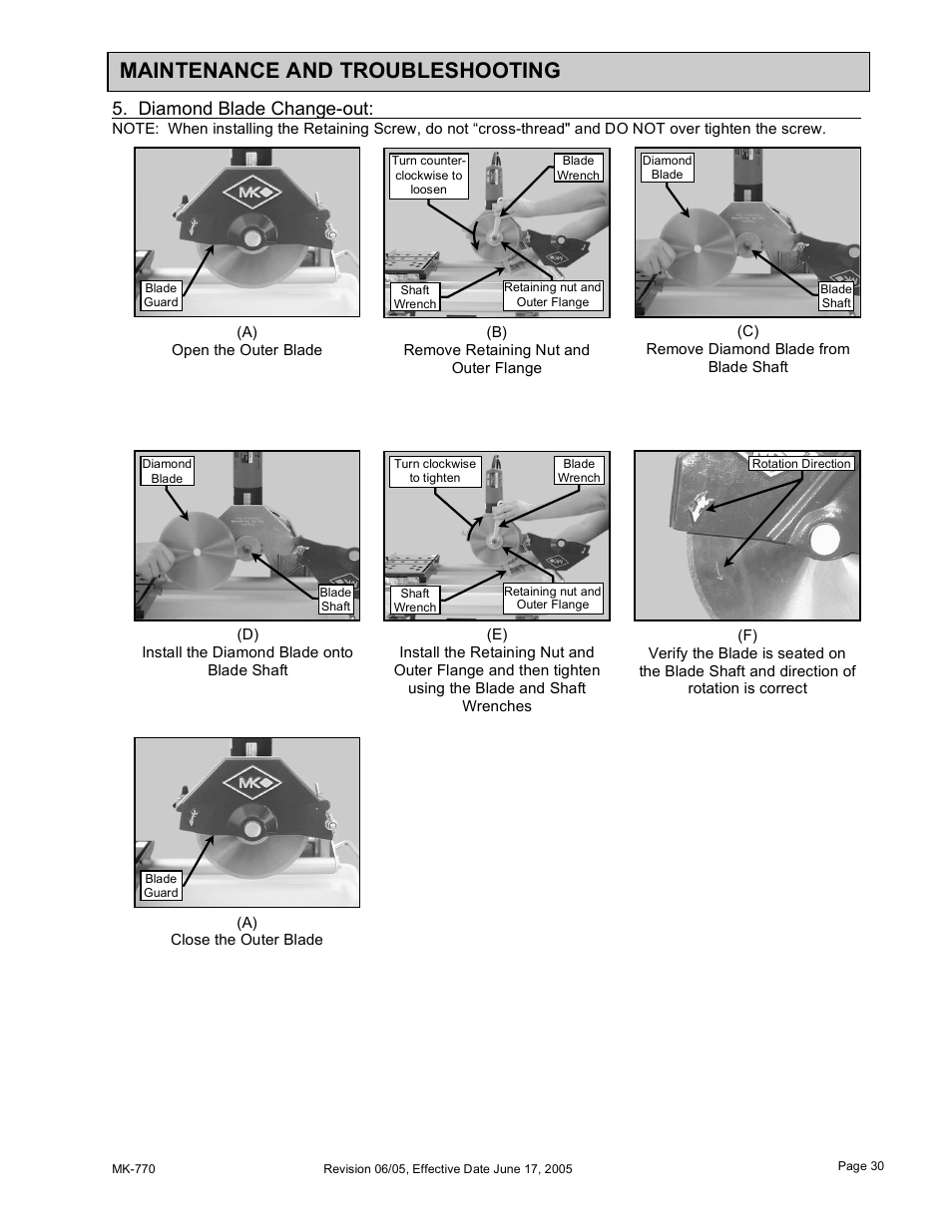 Maintenance and troubleshooting, Diamond blade change-out | MK Diamond MK-770 User Manual | Page 30 / 41