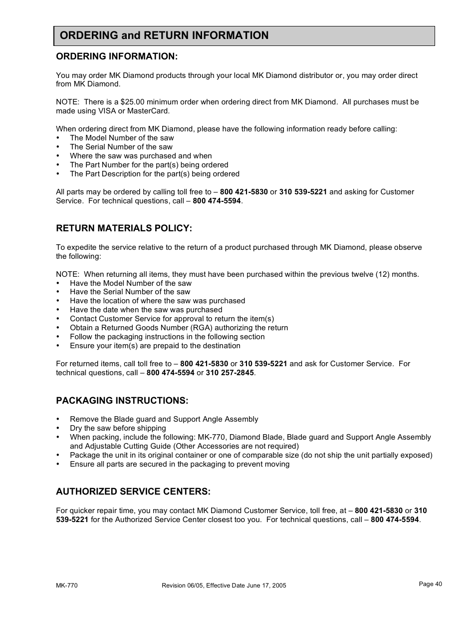 Ordering and return information | MK Diamond MK-770 User Manual | Page 40 / 41