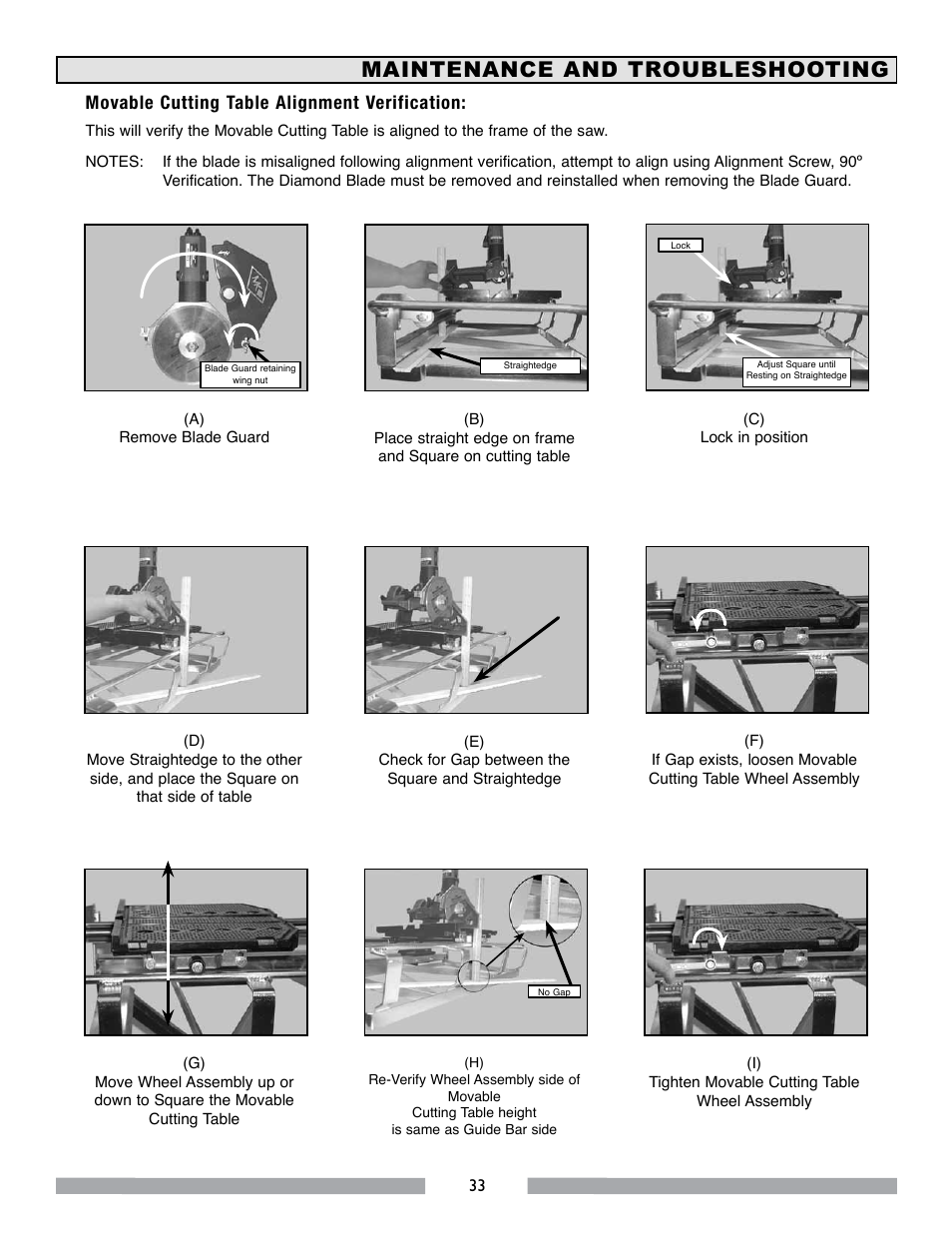 Maintenance and troubleshooting, Movable cutting table alignment verification | MK Diamond MK-770 EXP User Manual | Page 33 / 46