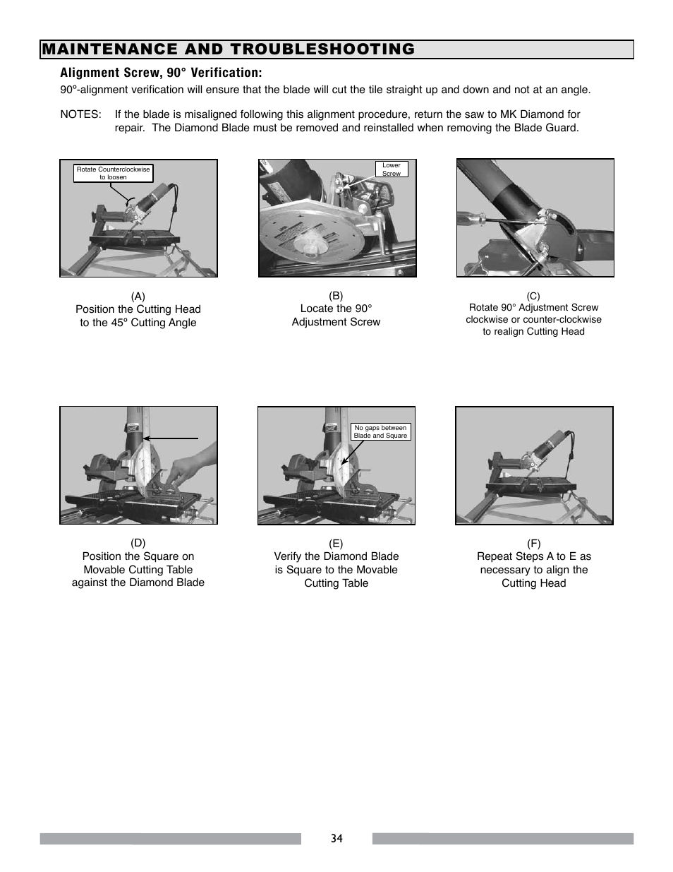 Maintenance and troubleshooting, Alignment screw, 90° verification | MK Diamond MK-770 EXP User Manual | Page 34 / 46