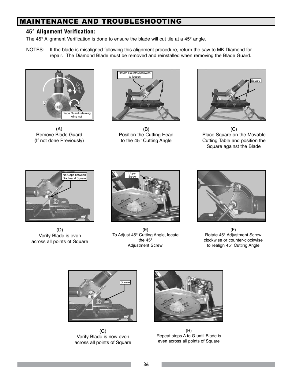 Maintenance and troubleshooting, 45° alignment verification | MK Diamond MK-770 EXP User Manual | Page 36 / 46