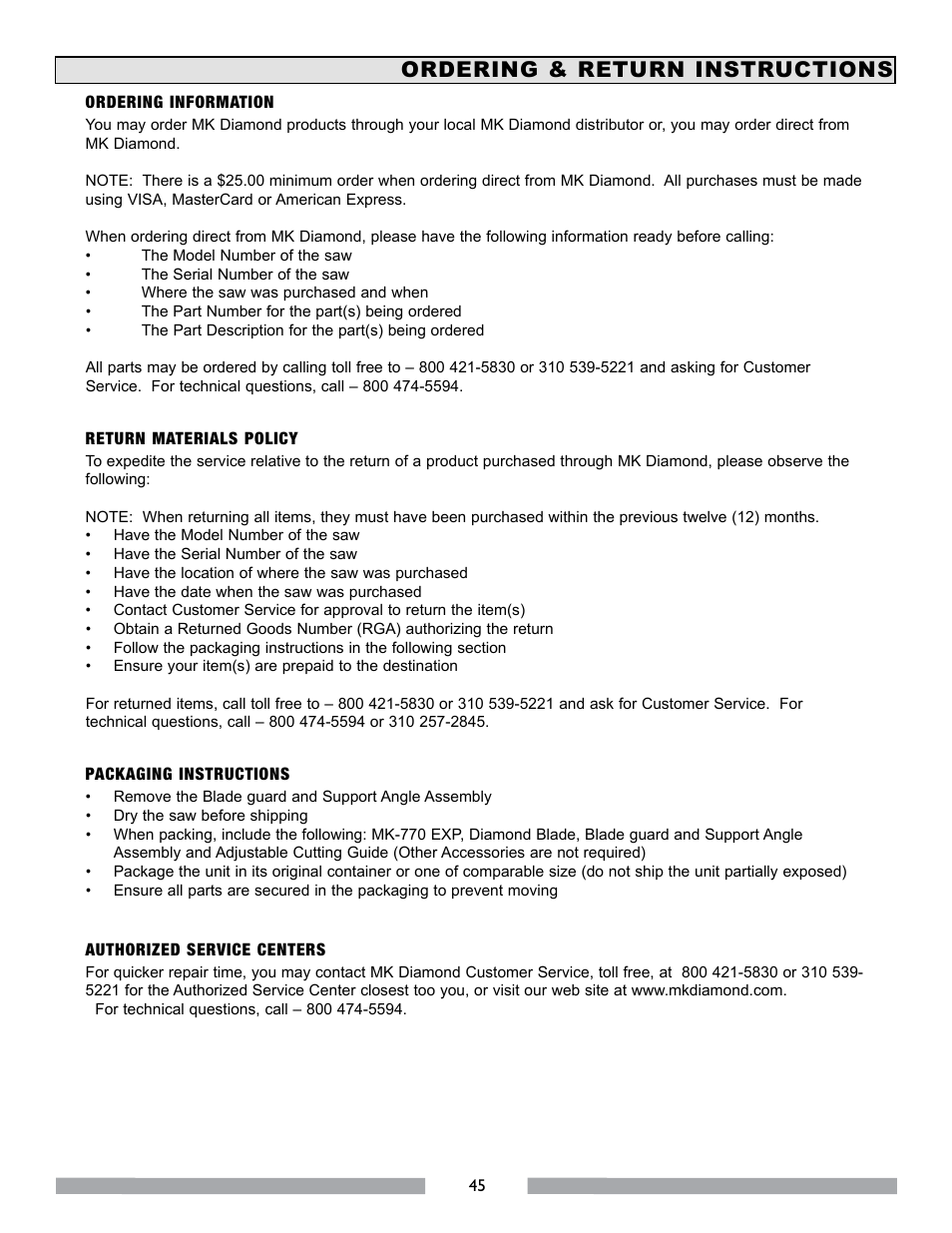 Ordering & return instructions | MK Diamond MK-770 EXP User Manual | Page 45 / 46