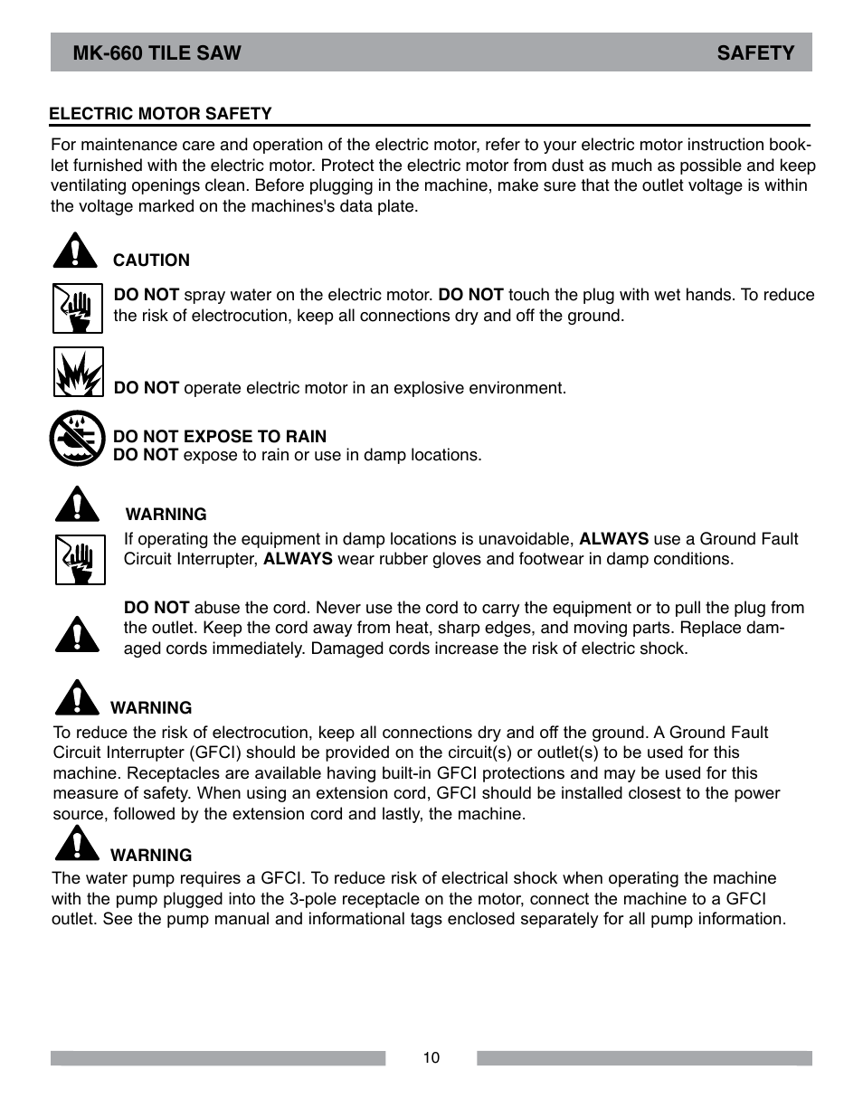 Mk-660 tile saw safety | MK Diamond MK-660 User Manual | Page 10 / 44