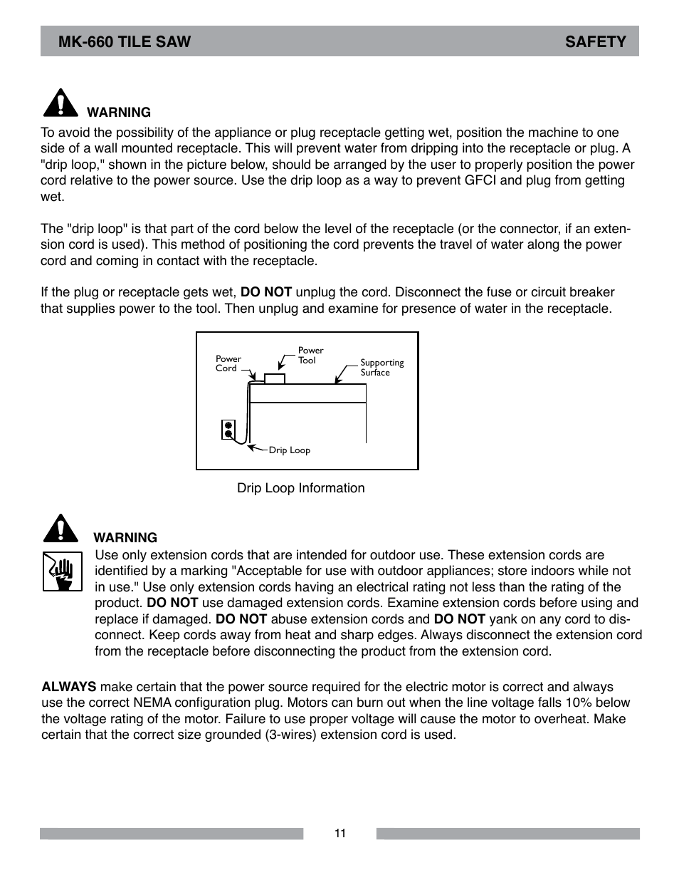 Mk-660 tile saw safety | MK Diamond MK-660 User Manual | Page 11 / 44