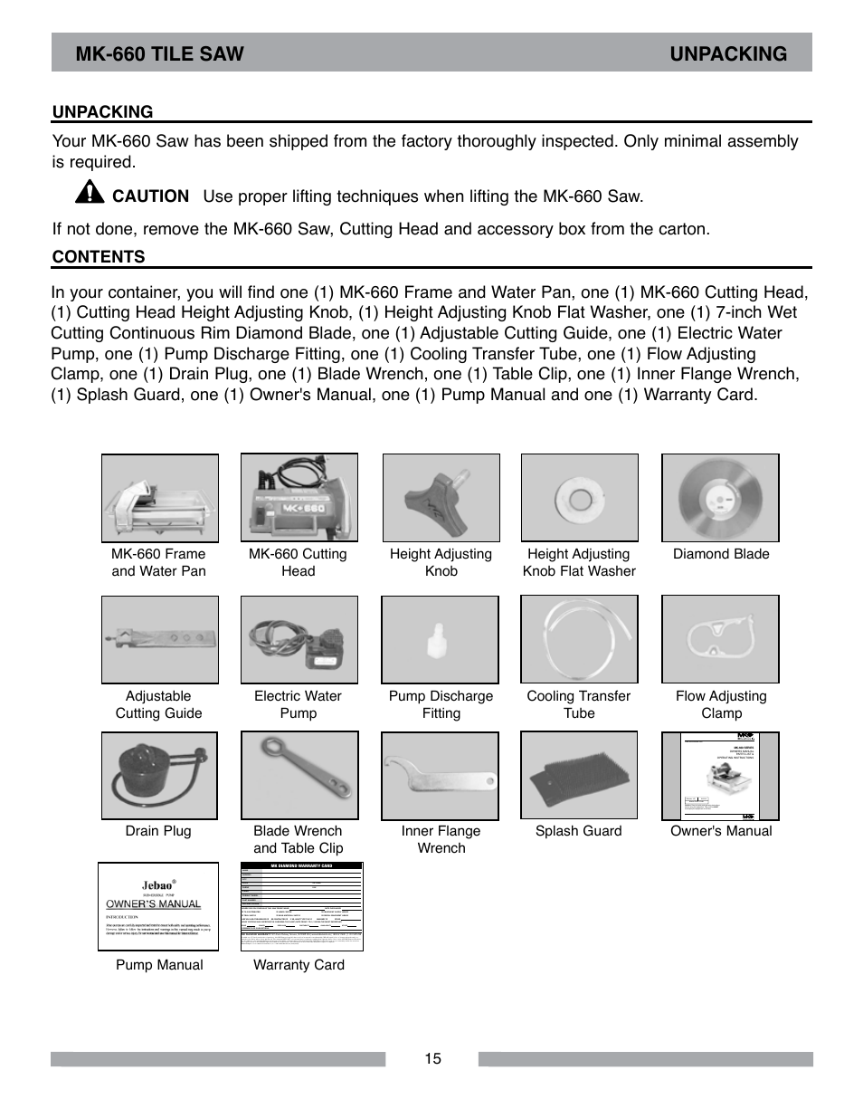 Mk-660 tile saw unpacking | MK Diamond MK-660 User Manual | Page 15 / 44