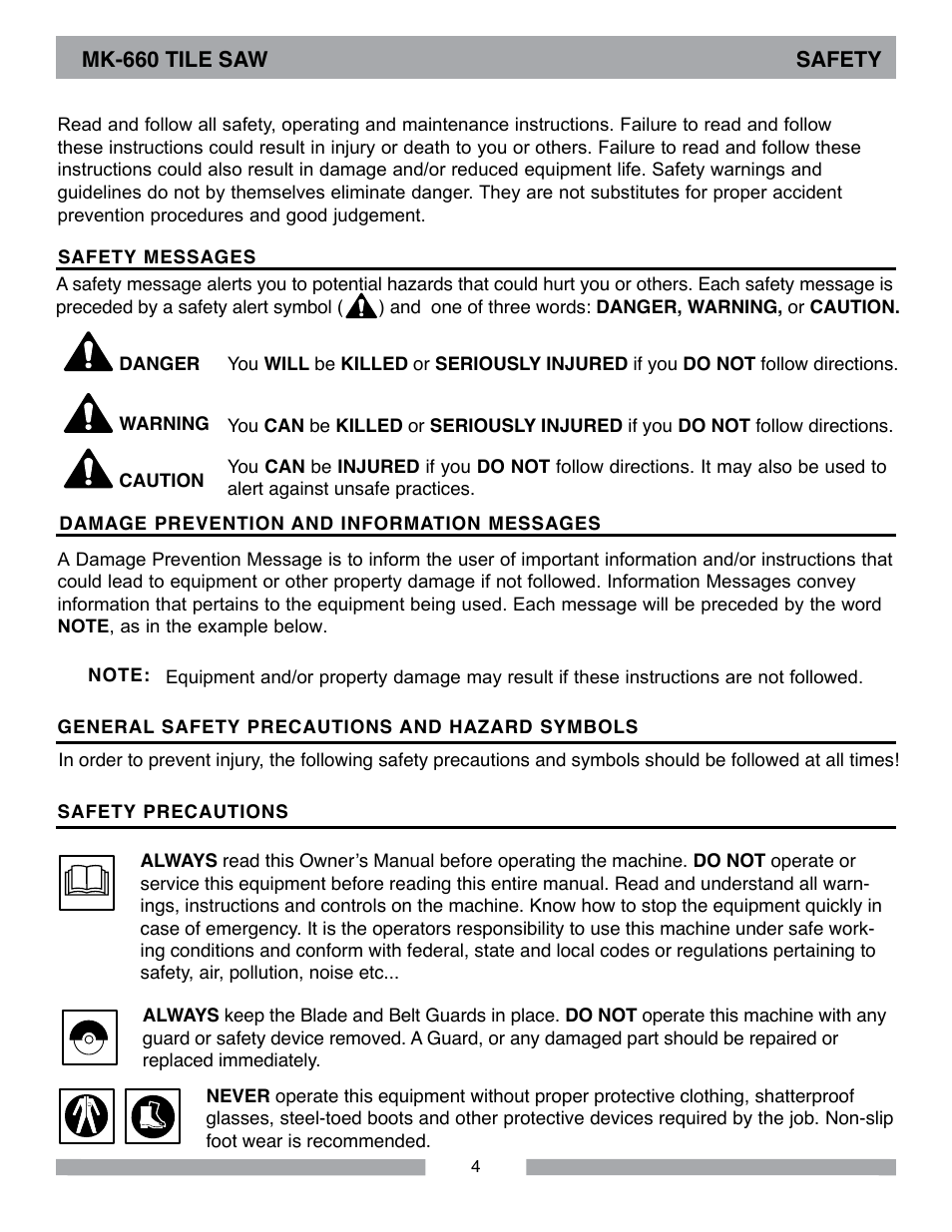 Mk-660 tile saw safety | MK Diamond MK-660 User Manual | Page 4 / 44