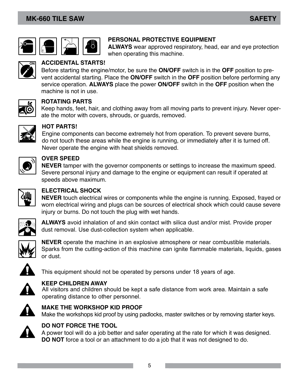 Mk-660 tile saw safety | MK Diamond MK-660 User Manual | Page 5 / 44