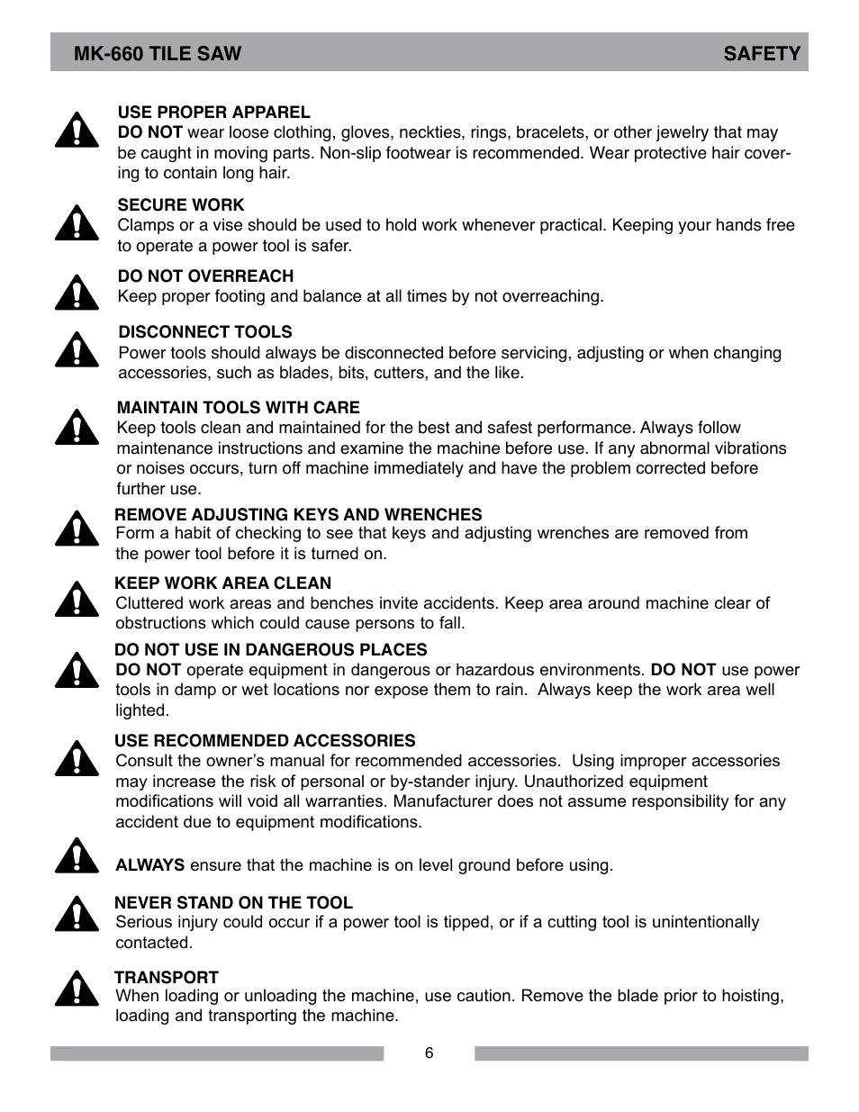 Mk-660 tile saw safety | MK Diamond MK-660 User Manual | Page 6 / 44