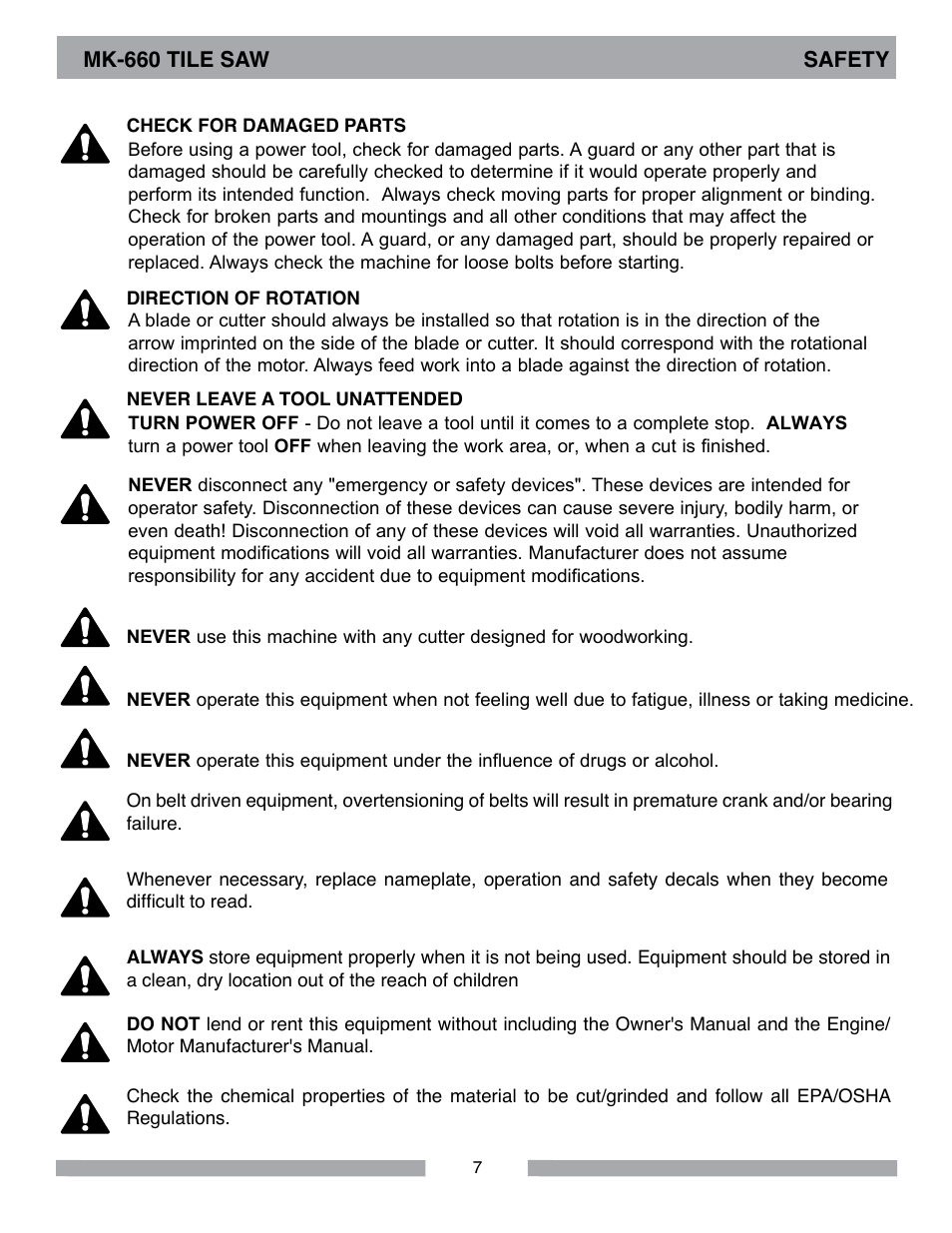 Mk-660 tile saw safety | MK Diamond MK-660 User Manual | Page 7 / 44