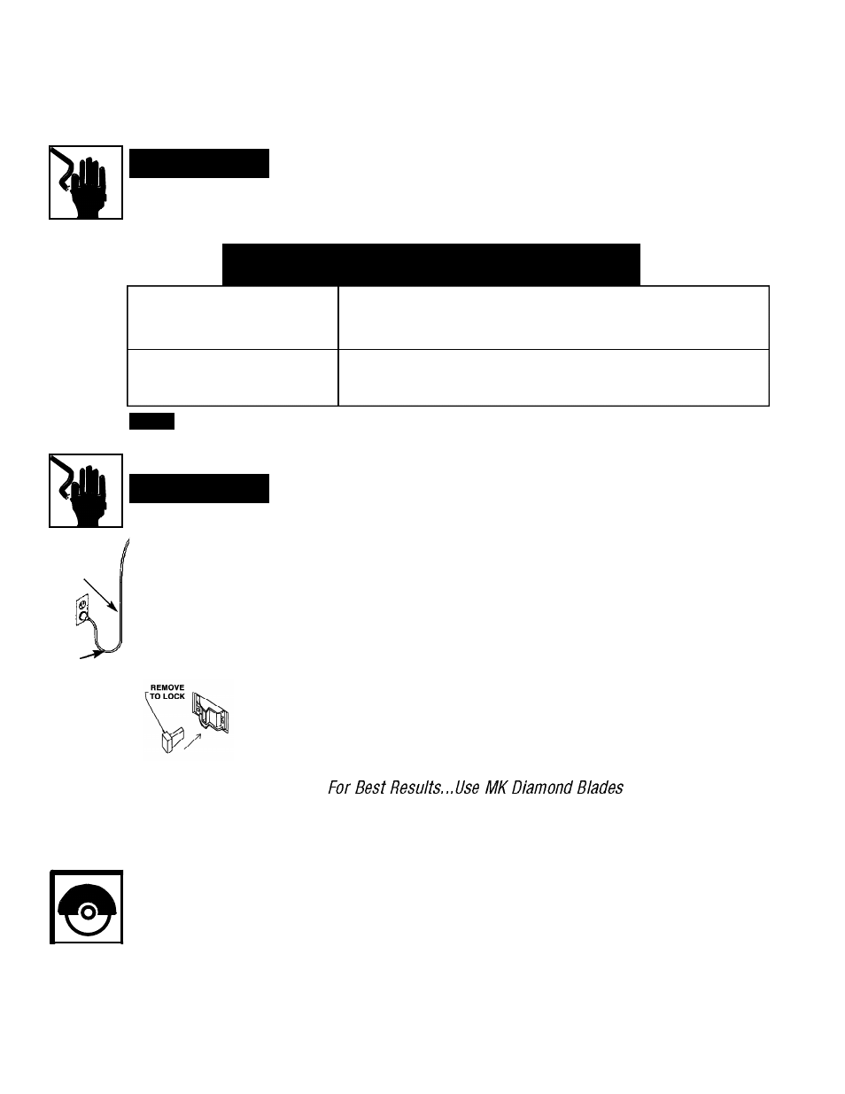 Extension cords, Lock out method, Sawing operations | General cutting guidelines, S a wing operations general cutting guidelines, 5table 1 minimum gage for cord | MK Diamond MK-470 User Manual | Page 6 / 12