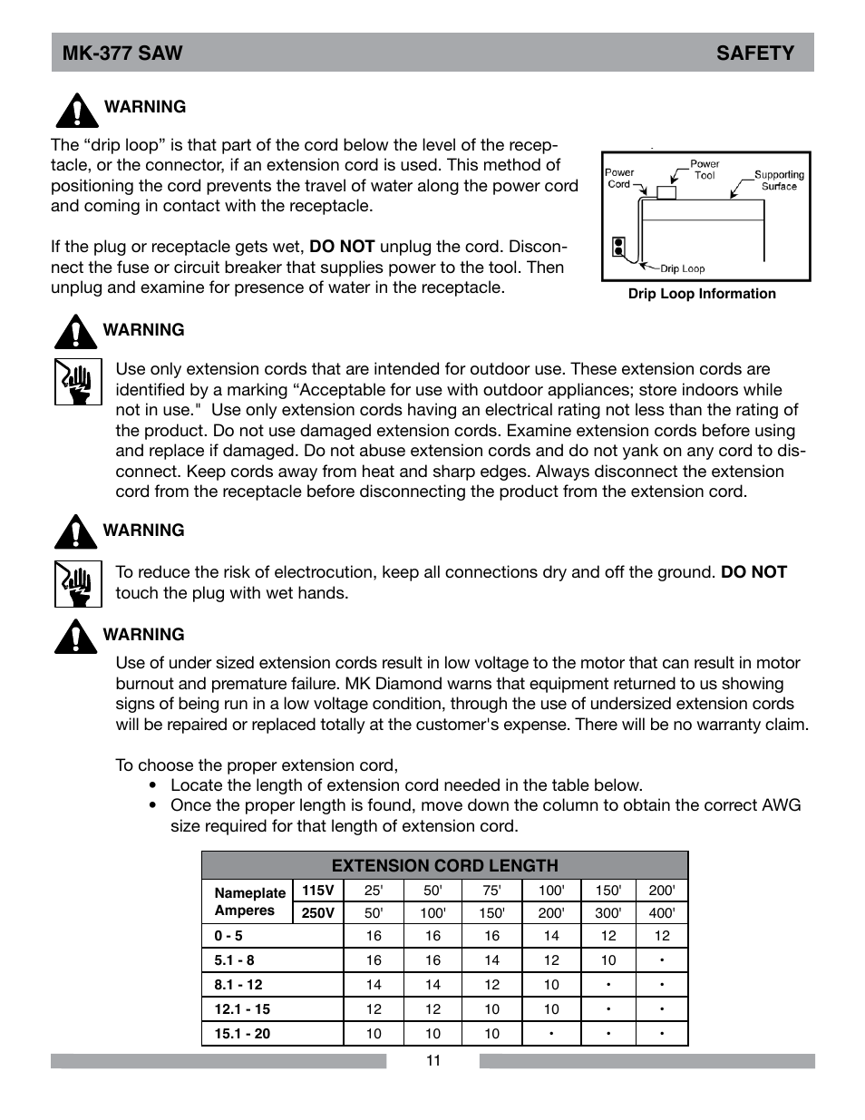 Mk-377 saw safety | MK Diamond MK-377 User Manual | Page 11 / 36