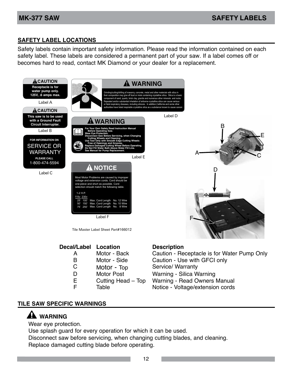 Otor, Mk-377 saw safety labels, Tile saws | Warning, Notice, Service or warranty | MK Diamond MK-377 User Manual | Page 12 / 36