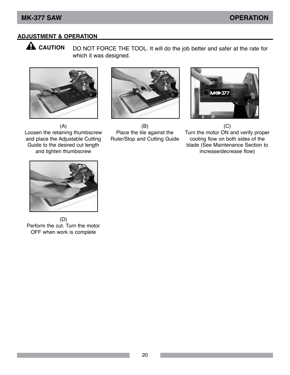 Mk-377 saw operation | MK Diamond MK-377 User Manual | Page 20 / 36