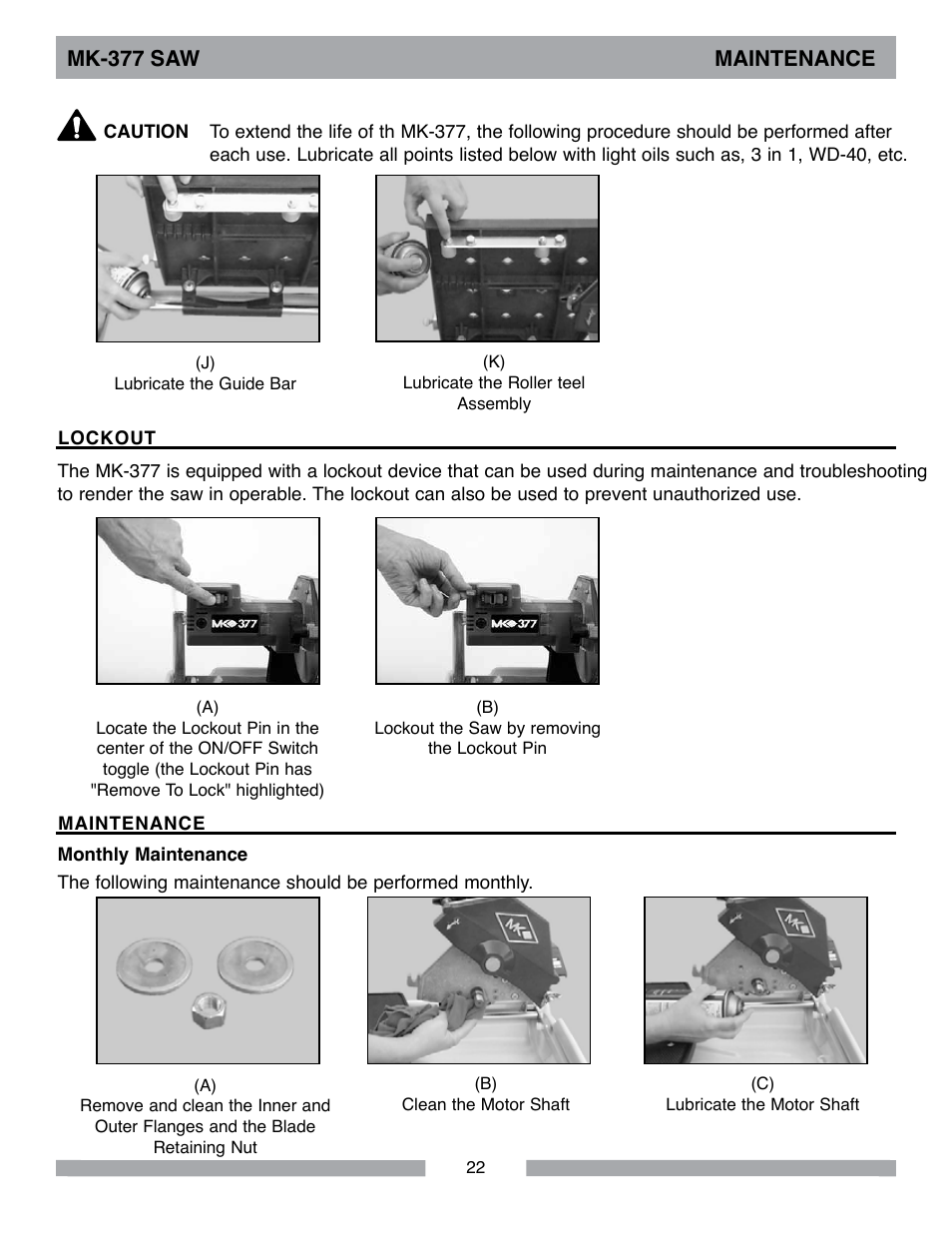 Mk-377 saw maintenance | MK Diamond MK-377 User Manual | Page 22 / 36