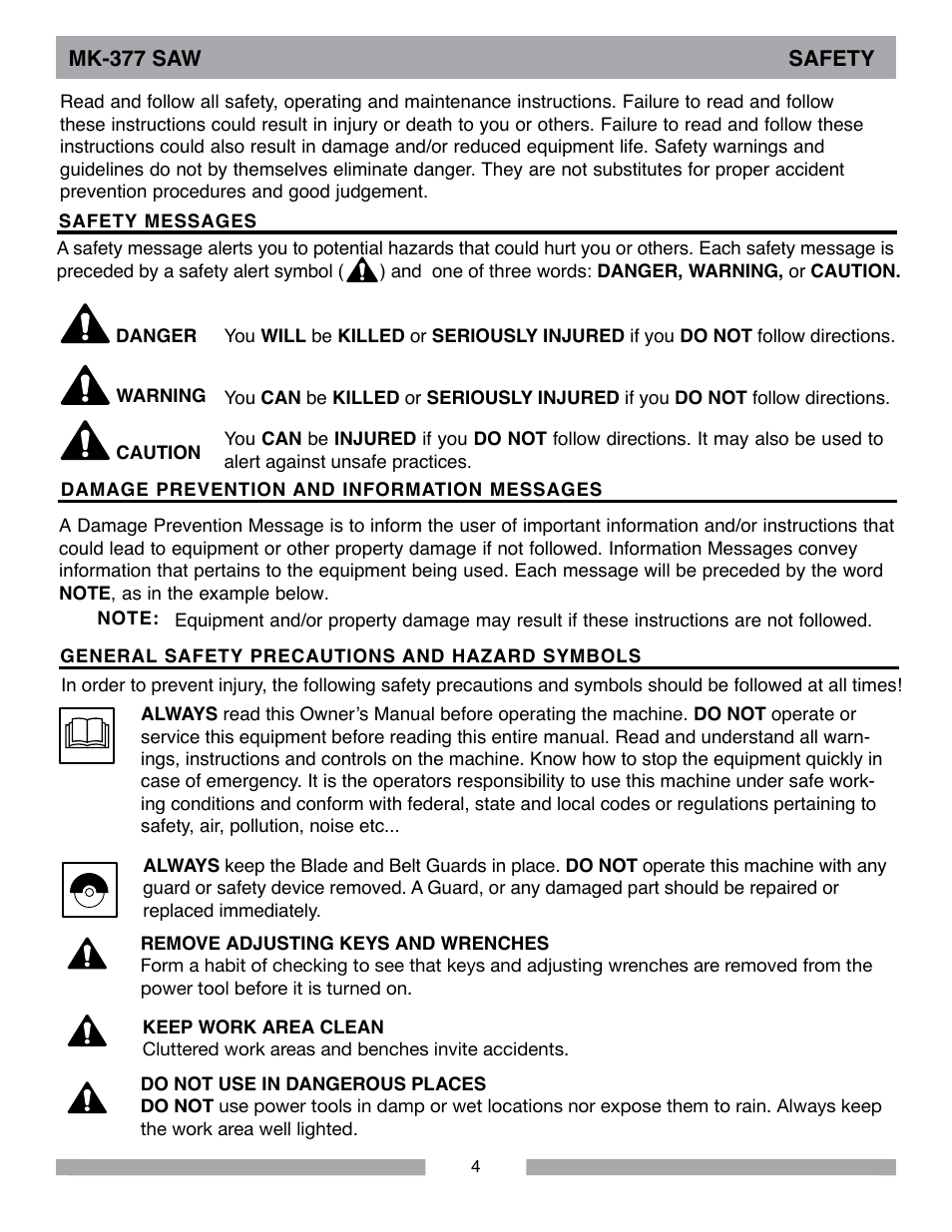 Mk-377 saw safety | MK Diamond MK-377 User Manual | Page 4 / 36
