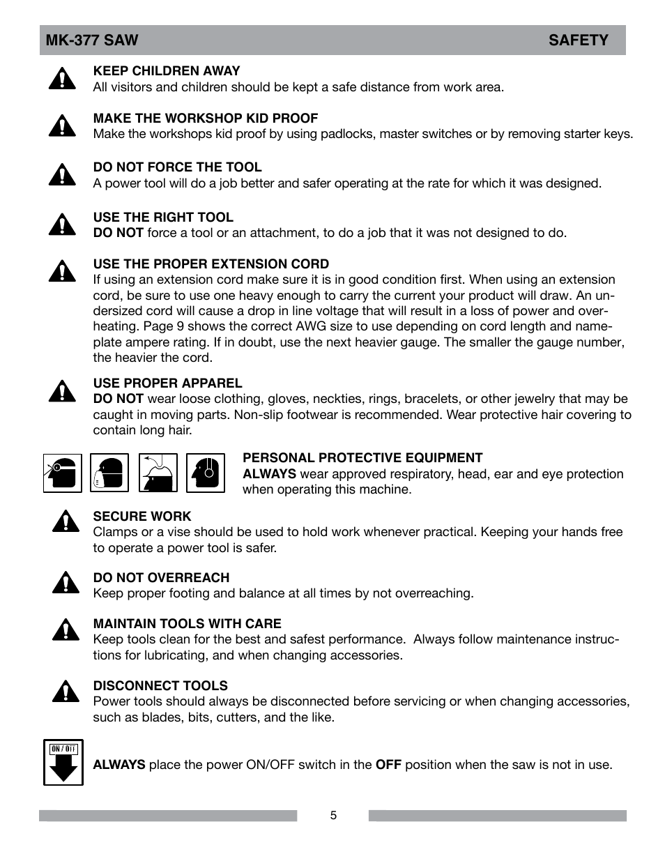 Mk-377 saw safety | MK Diamond MK-377 User Manual | Page 5 / 36