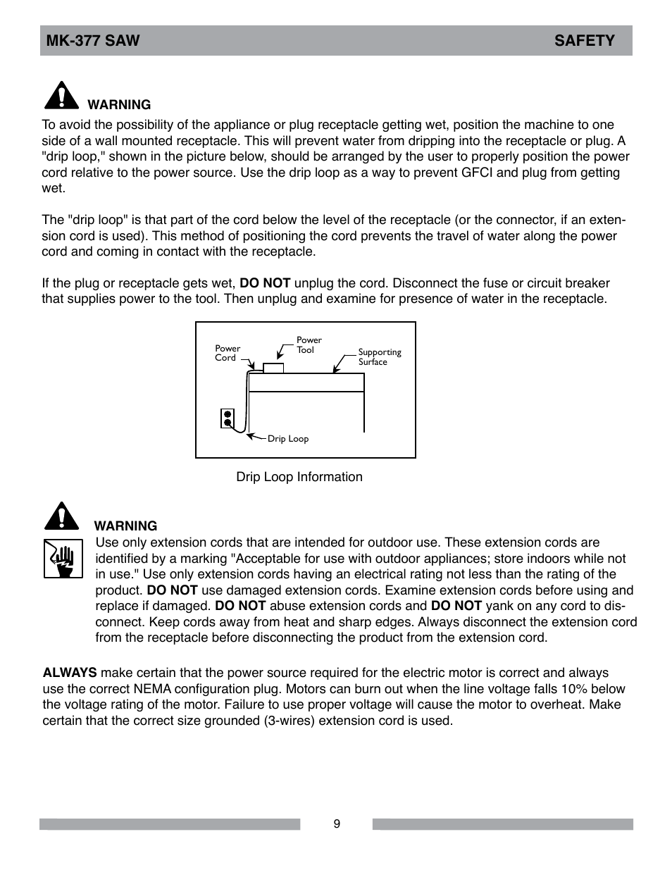 Mk-377 saw safety | MK Diamond MK-377 User Manual | Page 9 / 36